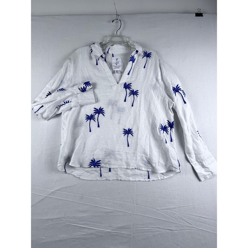 Calypso St Barth Womens XL White 100% Linen Blue Palm Tree Embroidered Tunic Top